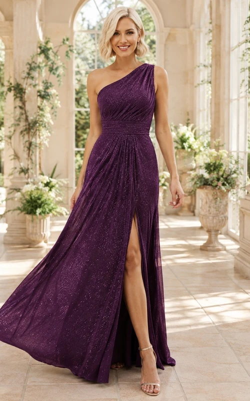 Plum Evening Dress A-Line Chiffon One-Shoulder Ruched Slit Romantic Formal Gown