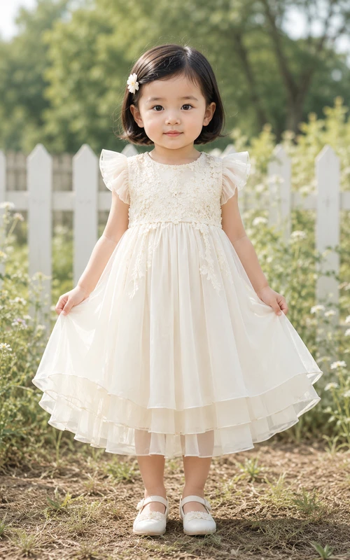 Robe de baptême bébé sans manches en tulle, coupe trapèze, corsage en dentelle à volants