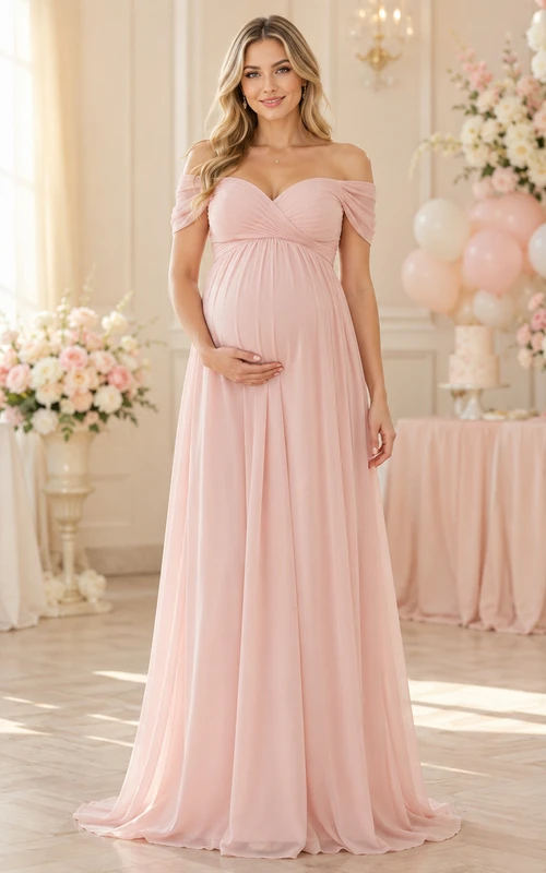 Blushing Pink Maternity Off Shoulder Sweetheart Empire Chiffon Floor Length Baby Shower Dress