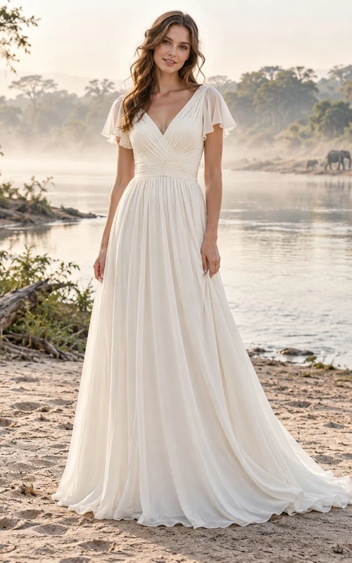 Vestido de novia sencillo de gasa con escote en V, manga corta, corte en A y cintura fruncida.