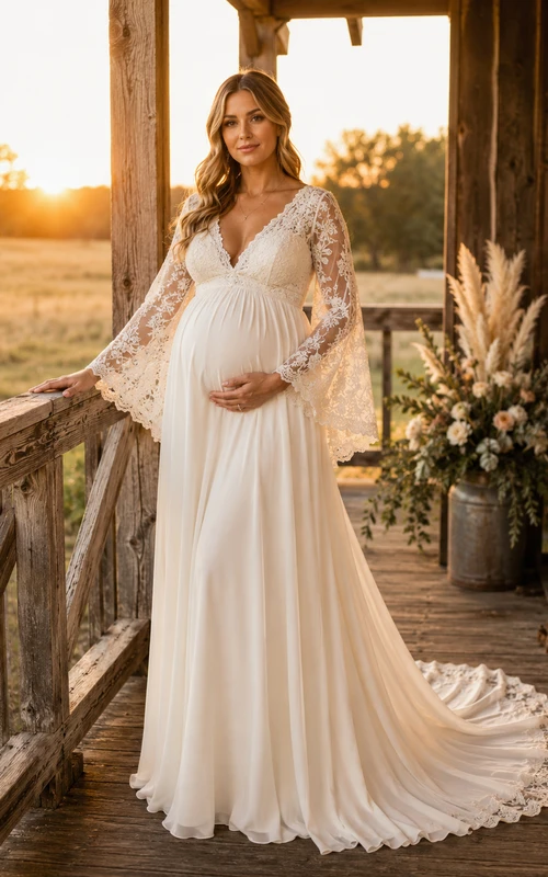 Robe de mariée rustique à col en V et manches longues en dentelle pour femme enceinte
