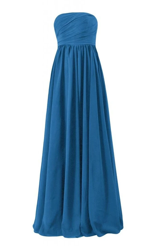 Vestido largo de gasa plisada sin tirantes con corpiño fruncido