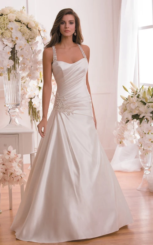 Robe de mariée sans manches à col carré froncée avec bretelles en cristal