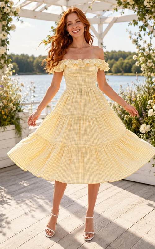 Summer Daffodil Gingham Guinguette A Line Tea Length Off Shoulder Tiered Dress