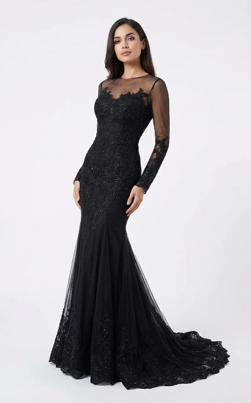 Schwarzes Meerjungfrauen-Abendkleid aus Spitze mit langen, transparenten Ärmeln und Illusion-Oberteil