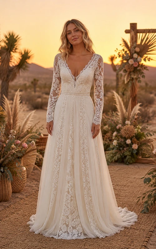 Boho Country A-Line Wedding Dress Long Sleeve V-Neck Lace Chiffon Floor Length Chapel Train Ivory