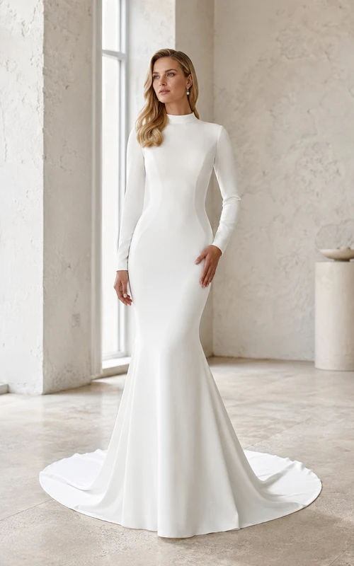 Minimalist High Neck Long Sleeve Mermaid Keyhole Back Sweep Train Wedding Dress