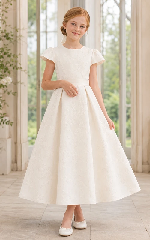 Robe de première communion sobre à manches bateau en jacquard et manches courtes.