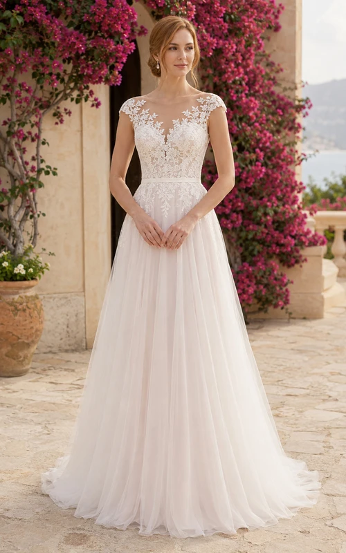 Vestido de novia de corte A con mangas cortas efecto ilusión