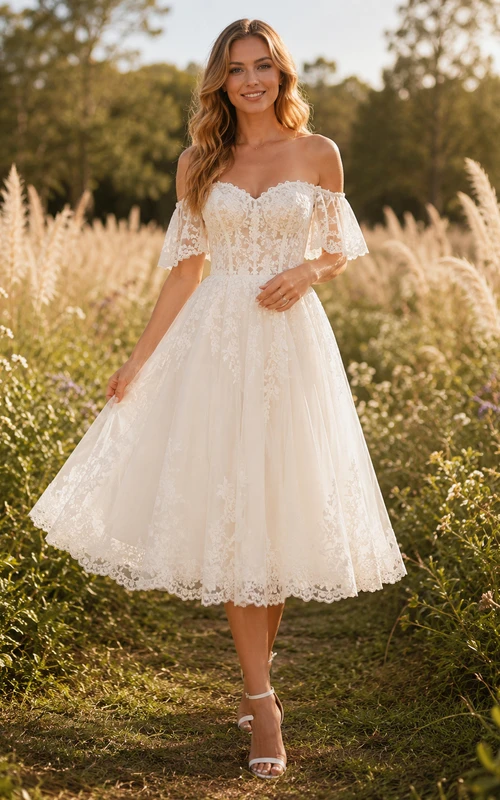 Bohemian Tea-Length Off Shoulder Lace Tulle Garden Romantic Wedding Dress