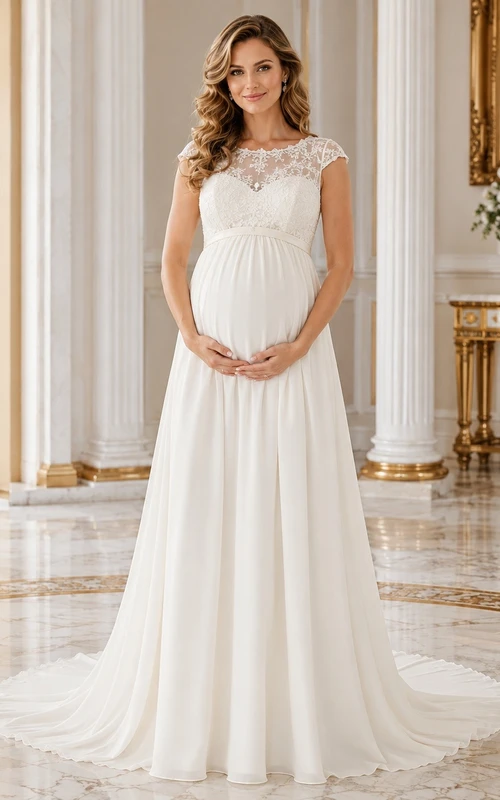 Elegante vestido de novia premamá de corte A con encaje y mangas cortas