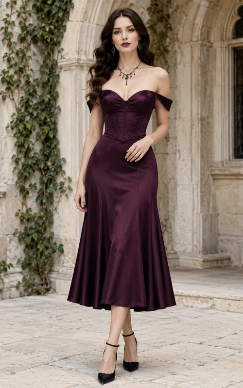 Vestido midi de satén con escote corazón y corsé, color ciruela, estilo sirena.