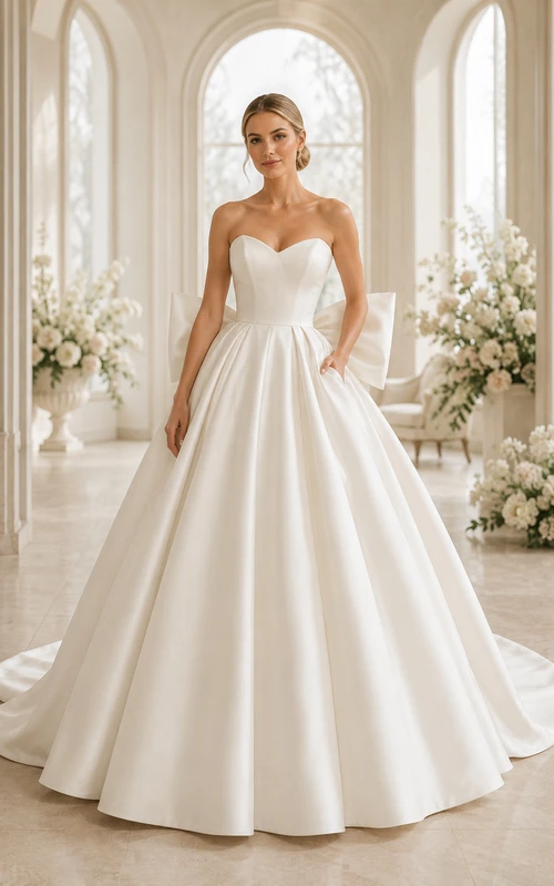 Vestido de novia de satén, estilo princesa, sin tirantes, escote corazón, cola larga, espalda descubierta.