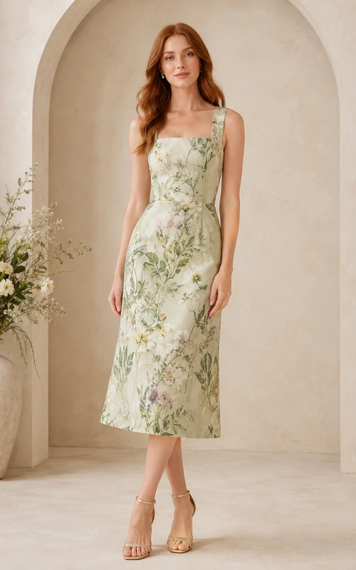 Robe de cocktail midi fourreau sans manches à col carré et imprimé botanique sauge
