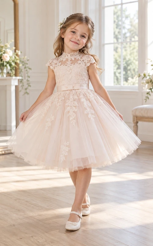 Vestido de niña de flores de corte A con cuello alto, largo hasta la rodilla, estampado floral en color rosa empolvado, tul y mangas cortas con apliques.