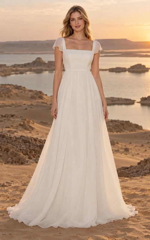Vestido de novia sencillo de gasa con cuello cuadrado, mangas cortas, cintura fruncida y cola de barrido.