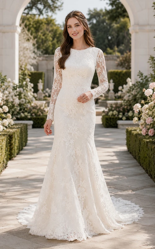 Vintage LDS Bateau Long Sleeve Allover Lace Mermaid Sweep Train Wedding Dress