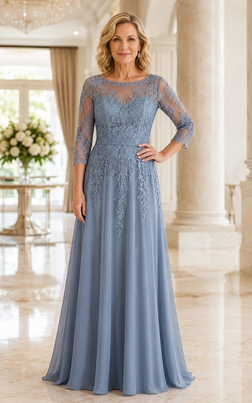Elegantes stahlblaues Chiffon-Mutterkleid mit Spitzenoberteil und Dreiviertelärmeln