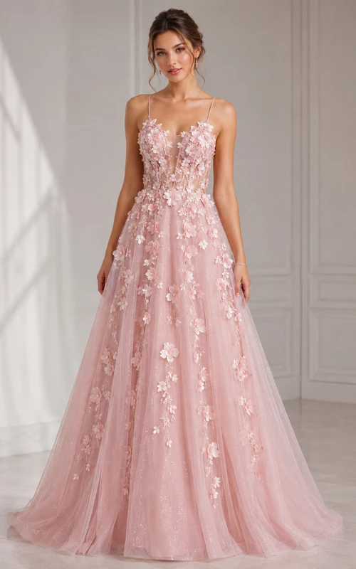 A-Line Lace Prom Dress with Strapless, Sleeveless and Appliques Flower, Floor Length