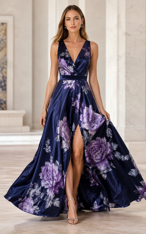 Navy Floral V Neck Sleeveless Satin Slit A Line Formal Gown