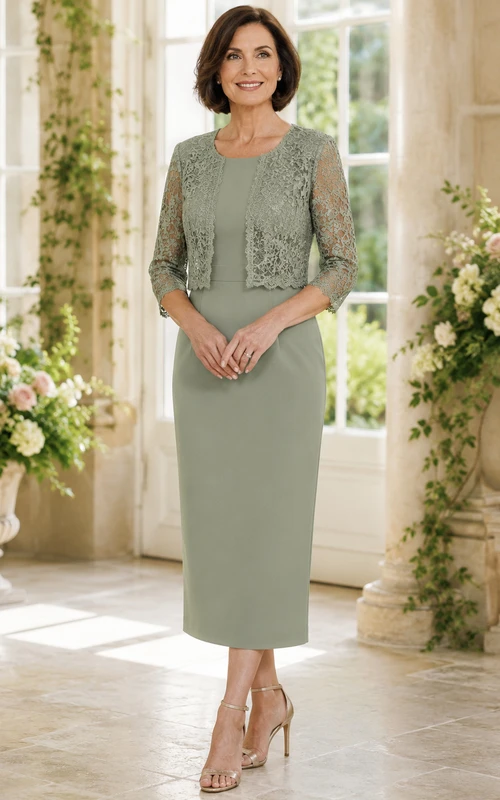 Elegantes, dreiviertellanges Spitzen-Etuikleid in Salbeigrün, Satin-Cut-Top, wadenlang, schlichtes Abendkleid für die Mutter des Bräutigams