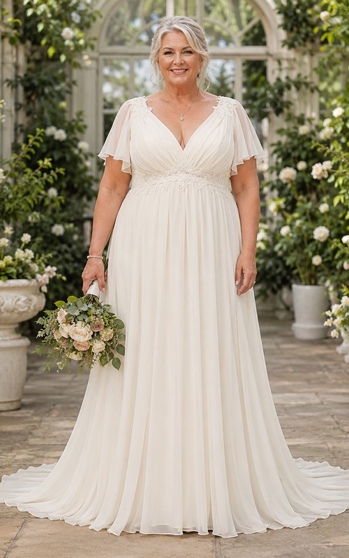 Plus Size Flutter Sleeve Chiffon A-Line Older Brides Wedding Dress