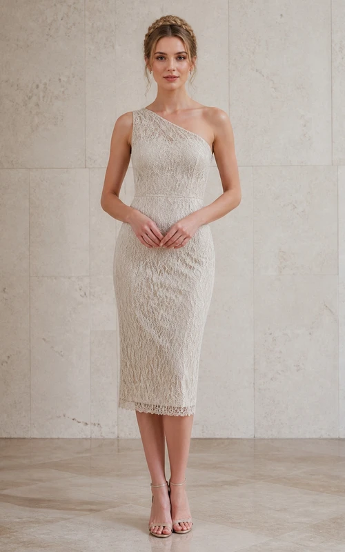 Modernes, schulterfreies, wadenlanges Cocktail-Abendkleid aus strukturierter Spitze mit Bleistiftausschnitt