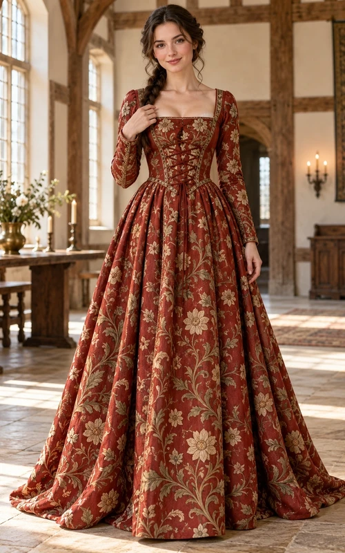Robe de cérémonie médiévale vintage à col carré, manches longues et fleurs rouges et dorées.
