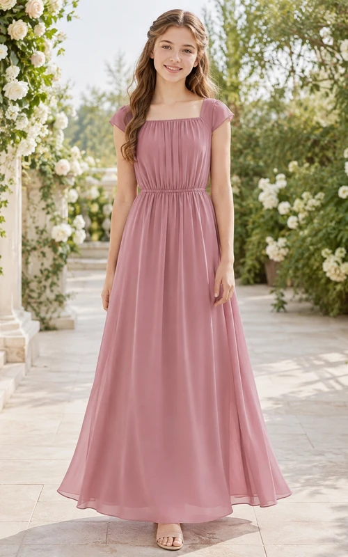 Vestido de dama de honor juvenil rosa empolvado, corte en A, manga corta, gasa con pétalos, cintura fruncida, estilo romántico.