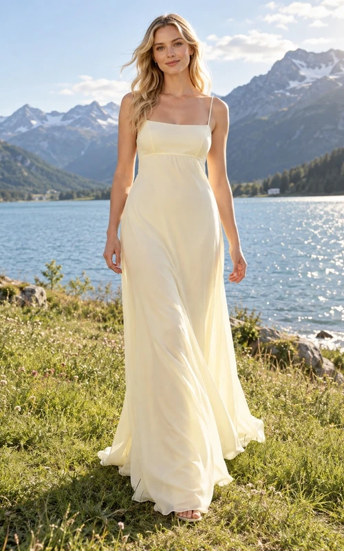 Vestido de novia sencillo de gasa color narciso con escote cuadrado, sin mangas y cola larga.