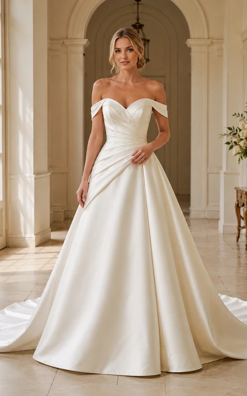 Vestido de novia de satén, estilo princesa, sin hombros, manga corta, cola de corte.