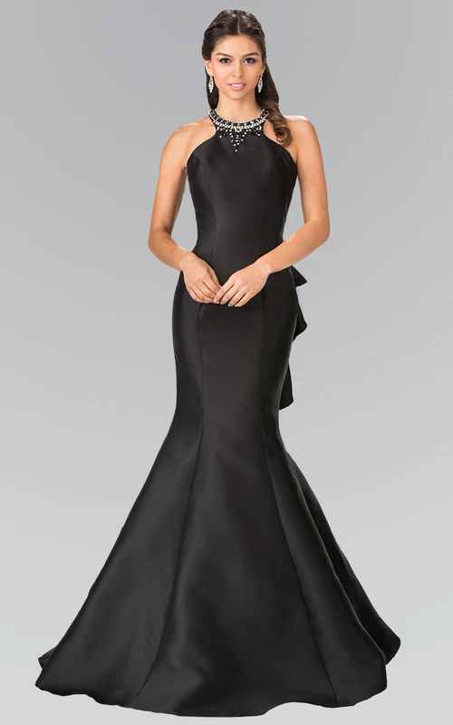 Mermaid Long Scoop-Neck Sleeveless Satin Straps Dress With Beading And Draping