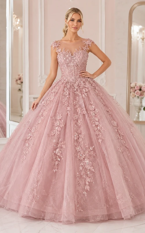 Vintage Mauve V-Neck Cap Sleeve Floral Tulle Ball Gown