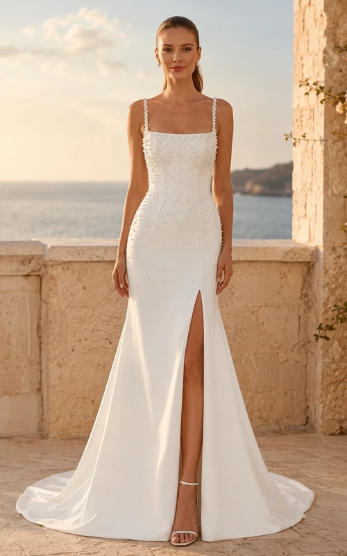 Vestido de novia de satén, corte recto, escote cuadrado, sin mangas, cola larga con abertura y espalda en V baja.
