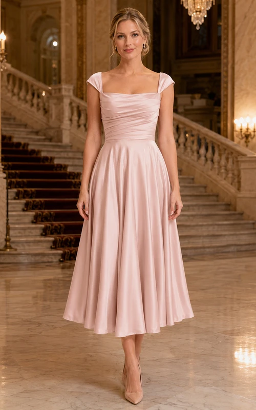 Blush Wide Strap Satin A Line Ballet Night Midi Dress