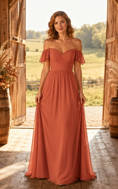 Terracotta Chiffon A-Line Off-Shoulder Sweetheart Flutter Sleeve Pleated Zip Back Floor-Length Bridesmaid Dress