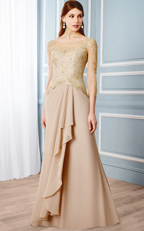 Robe de soirée en mousseline drapée à manches 3-4 et col rond