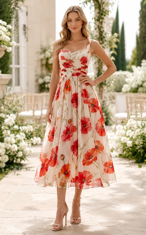 Ivory Red Poppy Square Neck Chiffon Midi Guest Dress