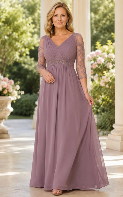 Vintage-Kleid aus mauvefarbener Spitze, schmeichelhaft für reife Mütter, V-Ausschnitt, Dreiviertelärmel, Empire-Taille, A-Linie, Chiffon, bodenlang