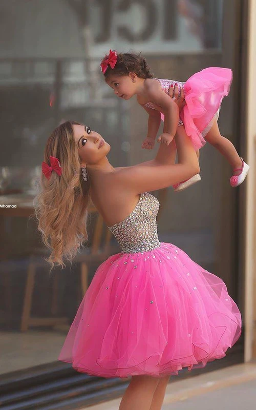 Glamuroso vestido corto de tul con lentejuelas para madre e hija, estilo Sweetheart.