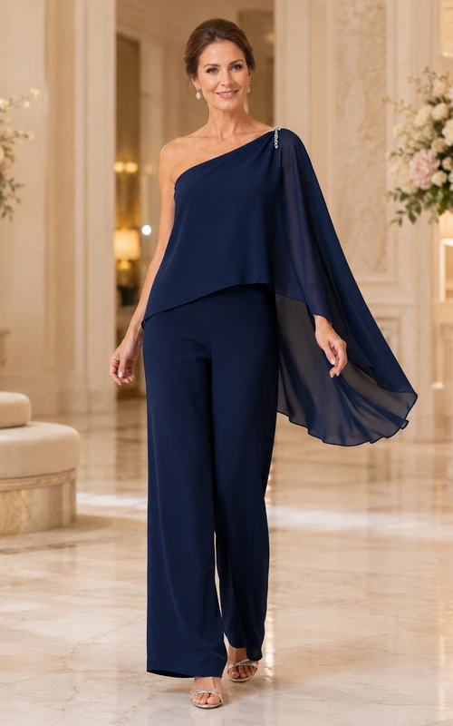 Dark Navy One Shoulder Chiffon Cape Top Wide Leg Two Piece Floor Length Mother Pantsuit