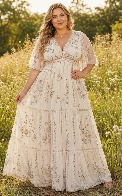 Vestido bohemio largo hasta el suelo, de gasa color crema con estampado floral, escote en V, mangas con volantes y volantes, talla grande.