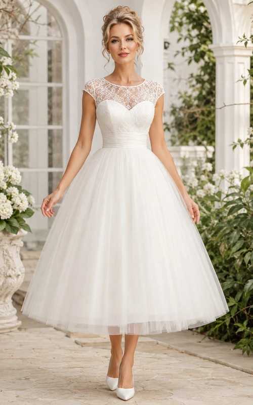 White Lace Short Sleeve Sweetheart Tulle Tea-Length A-Line Dress