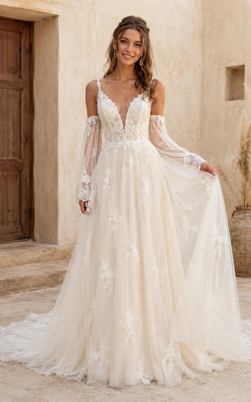 Vestido de novia bohemio de encaje con escote en V, mangas largas acampanadas y corte en A.