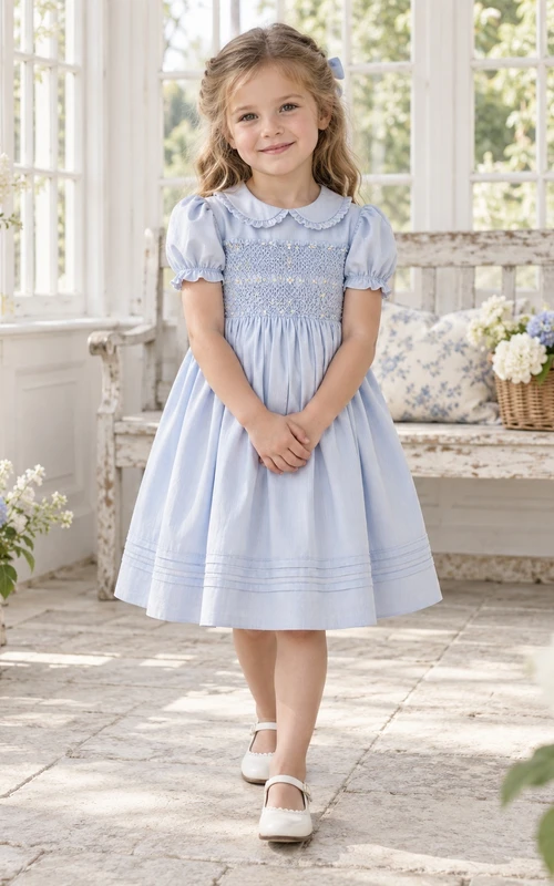 Vestido de niña de flores azul vintage hasta la rodilla, corte en A, mangas abullonadas, bajo fruncido con pliegues y cuello Peter Pan.