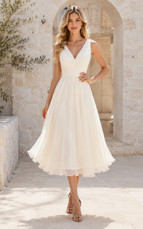 Robe de mariée plissée en mousseline, coupe trapèze, longueur thé, col en V, sans manches, dos nu en V, taille naturelle