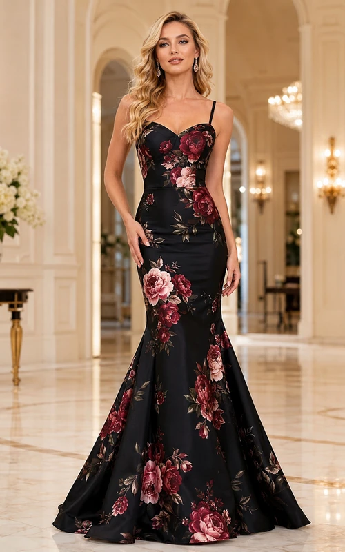 Black Floral Sweetheart Spaghetti Strap Mermaid Formal Evening Gown