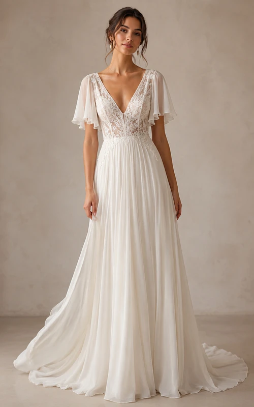 Vestido de novia de gasa con escote en V, corte en A, mangas con volantes y cola.