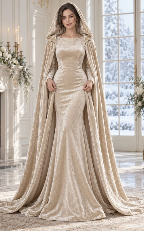Vestido largo de terciopelo color champán con capucha y capa, ideal para bodas de invierno.