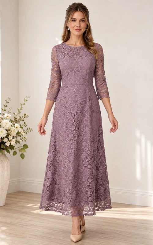 Modest Vintage Mauve Three-Quarter Sleeve Lace A-Line Floor-Length Formal Dress